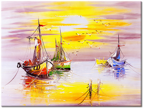 tableau sur toile, art, bateaux-navires, beige, bleu, ciel, coucher-soleil, jaune, mer, nuages, orange, peintures, peintures-paysages, soleil, vert