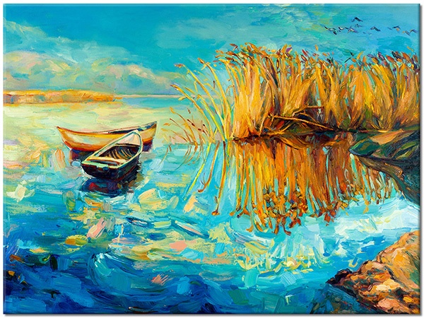 tableau sur toile, art, bateaux-navires, bleu, cyan, lacs, orange, peintures, peintures-paysages, roseau