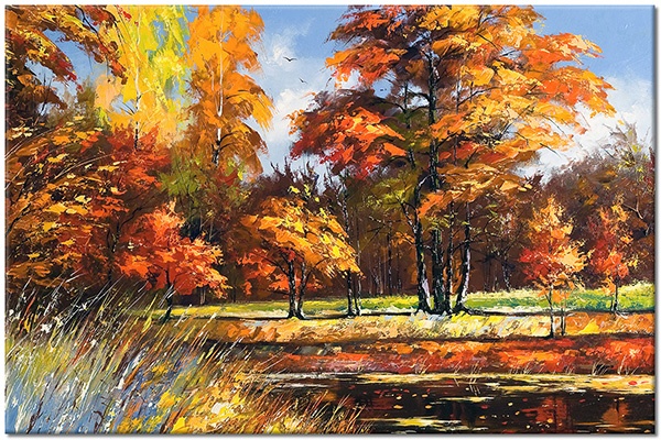 tableau sur toile, arbres, art, automne, bleu, forets, forets, jaune, marron, multicolore, orange, paysages, peintures, peintures-paysages, riviere