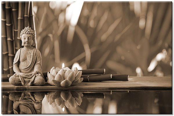 tableau sur toile, bambou, bouddha, feng-shui-zen, gris, lotus, mythologie, nature-morte, vert, zen