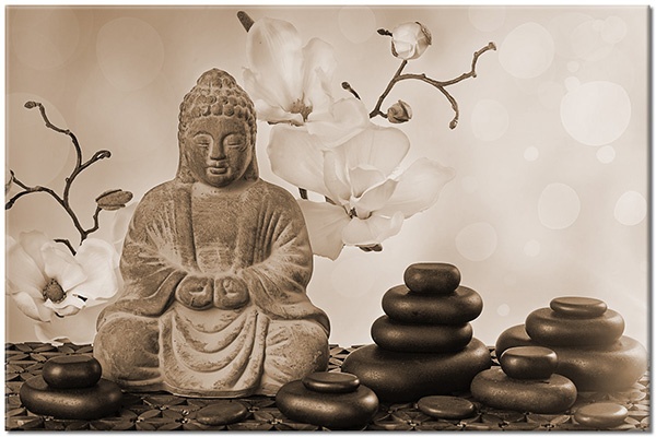 tableau sur toile, beige, blanc, bouddha, feng-shui-zen, mythologie, nature-morte, noir, orchidees, pierres, statue