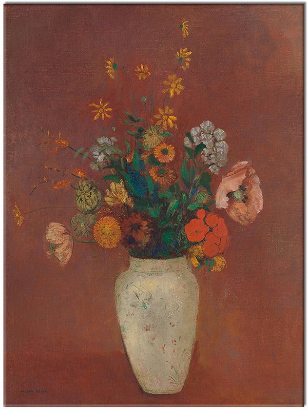 tableau sur toile, art, blanc, fleurs, jaune, marron, multicolore, nature-morte, nature-morte-autres-peintures, peintures, redon, vase, vert