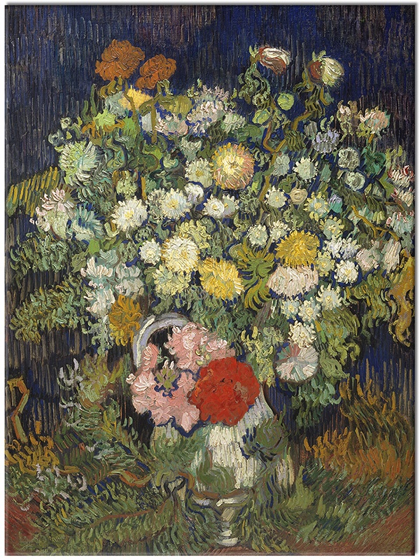tableau sur toile, art, blanc, bleu, fleurs, jaune, marron, multicolore, nature-morte, nature-morte-autres-peintures, peintures, van-gogh, vase, vert