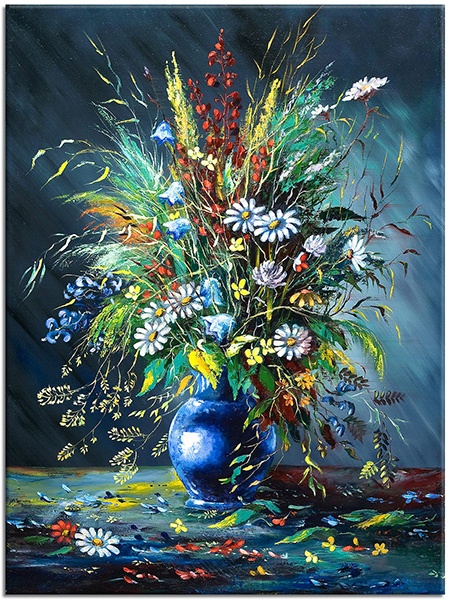 tableau sur toile, art, blanc, bleu, cyan, fleurs, gris, jaune, multicolore, nature-morte, nature-morte-autres-peintures, peintures, rouge, vase, vert, violet