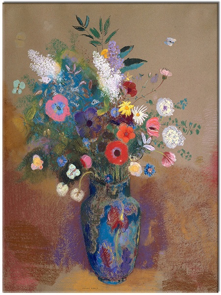 tableau sur toile, art, beige, blanc, bleu, fleurs, marron, multicolore, nature-morte, nature-morte-autres-peintures, peintures, redon, rose, vase, vert, violet