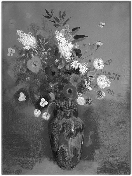 tableau sur toile, art, beige, blanc, bleu, fleurs, marron, multicolore, nature-morte, nature-morte-autres-peintures, peintures, redon, rose, vase, vert, violet