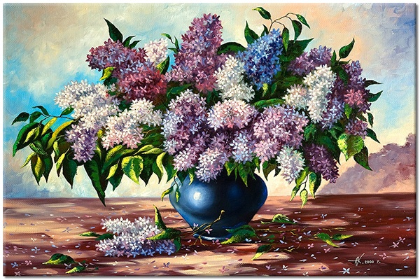 tableau sur toile, art, blanc, bleu, jaune, lilas, marron, multicolore, nature-morte, nature-morte-autres-peintures, peintures, vase, vert, violet