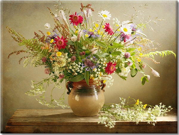 tableau sur toile, beige, blanc, bleu, fleurs, gris, jaune, marron, multicolore, rouge, vase, vert
