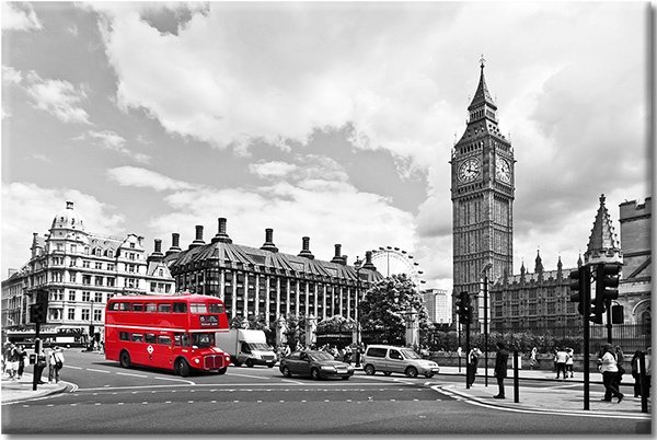 tableau sur toile, batiments, big-ben, blanc, bus, grande-bretagne, gris, londres, noir, noir-et-blanc, paysages, paysages-urbains-ruraux, rouge, tourisme, villes, voitures