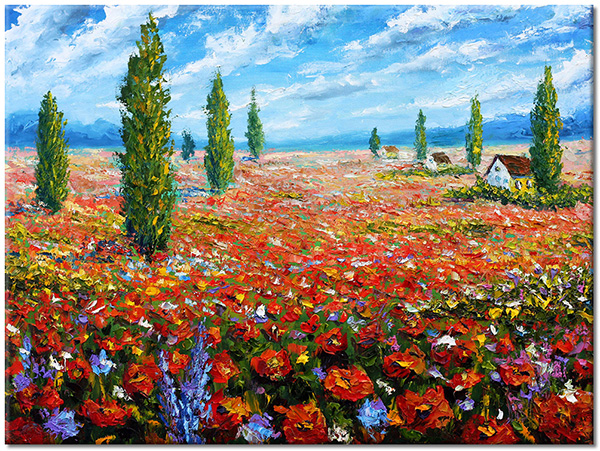 tableau sur toile, arbres, art, bleu, champs, ciel, coquelicots, multicolore, nuages, peintures, peintures-paysages, rouge, vert