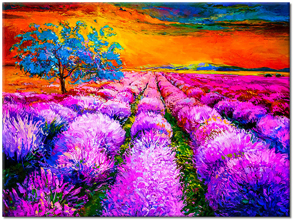 tableau sur toile, arbres, art, bleu, champs, ciel, coucher-soleil, fleurs, lavande, orange, peintures, peintures-paysages, violet