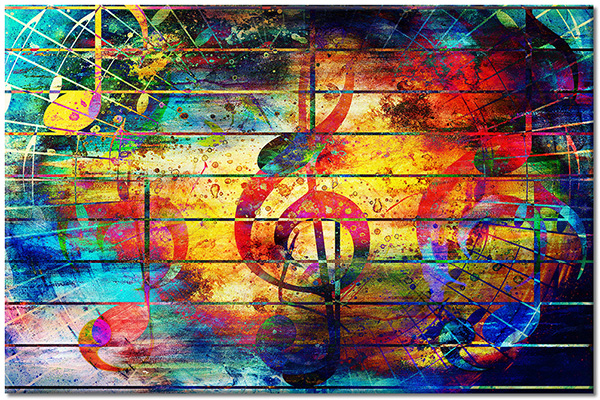 tableau sur toile, abstrait-fantaisie, art, art-contemporain, bars, bleu, cyan, jaune, multicolore, musique, peintures, peintures-abstraites, rouge, vert