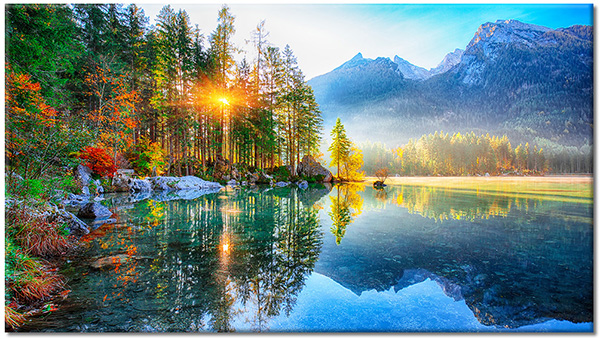 tableau sur toile, arbres, bleu, coucher-soleil, forets, forets, jaune, lacs, lever-du-soleil, mer-cascades-lacs, miroir, montagnes, orange, paysages, soleil, vert