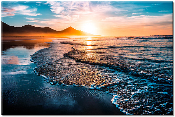 tableau sur toile, bars, bleu, ciel, coucher-soleil, cyan, mer, mer-cascades-lacs, nuages, orange, paysages, plage, soleil, vagues