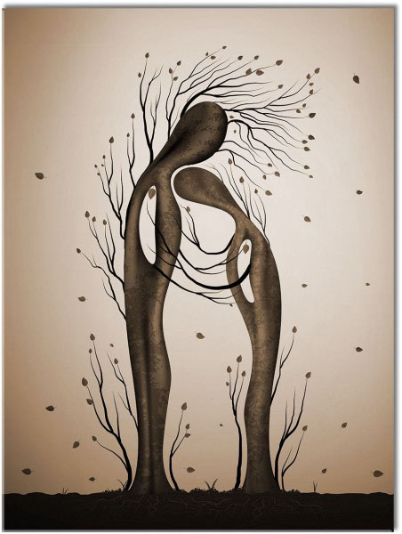 tableau sur toile, abstrait-fantaisie, arbres, art, art-contemporain, beige, couples, vert