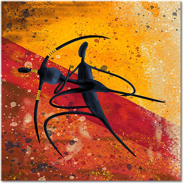 tableau sur toile, abstrait-fantaisie, afrique, art, art-contemporain, beige, bleu, dans, ethnique, jaune, marron, noir, orange, peintures, peintures-abstraites, rouge, silhouettes