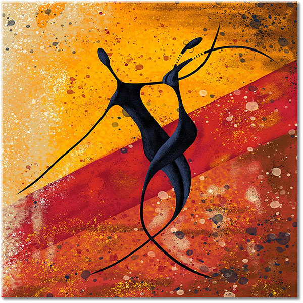 tableau sur toile, abstrait-fantaisie, afrique, art, art-contemporain, beige, bleu, couples, dans, ethnique, jaune, marron, noir, orange, peintures, peintures-abstraites, rouge, silhouettes