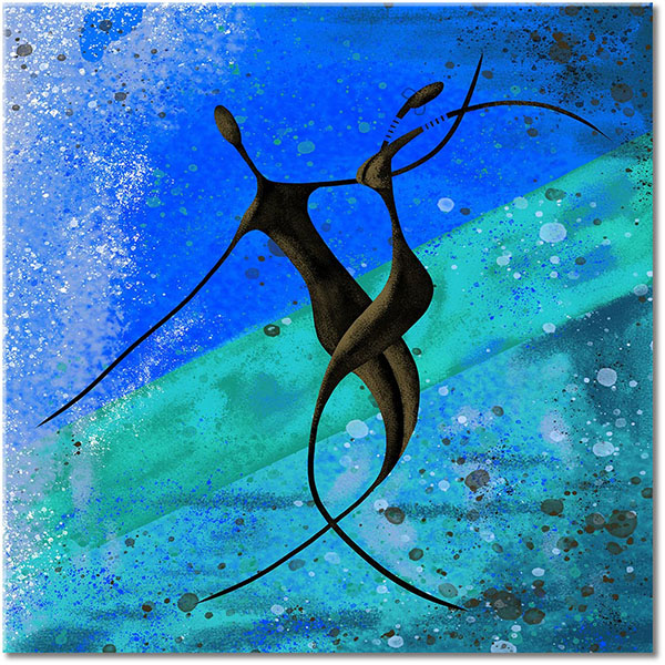 tableau sur toile, abstrait-fantaisie, afrique, art, art-contemporain, beige, bleu, couples, dans, ethnique, jaune, marron, noir, orange, peintures, peintures-abstraites, rouge, silhouettes