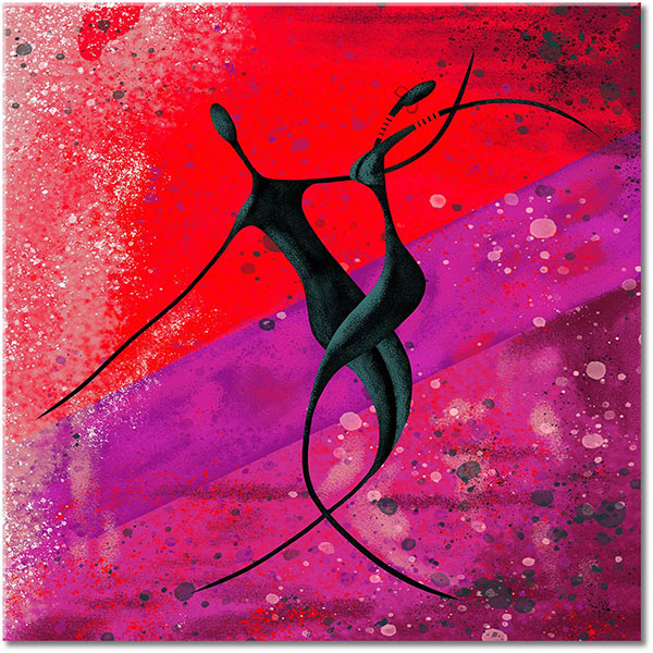 tableau sur toile, abstrait-fantaisie, afrique, art, art-contemporain, beige, bleu, couples, dans, ethnique, jaune, marron, noir, orange, peintures, peintures-abstraites, rouge, silhouettes