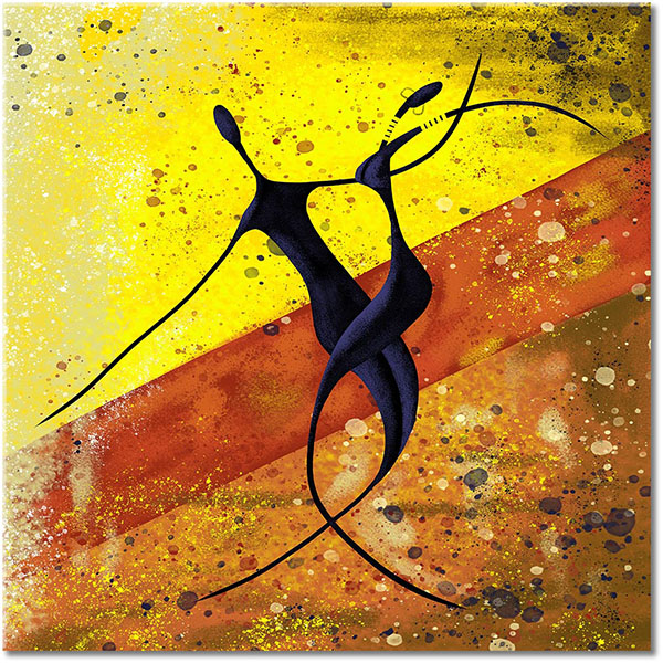 tableau sur toile, abstrait-fantaisie, afrique, art, art-contemporain, beige, bleu, couples, dans, ethnique, jaune, marron, noir, orange, peintures, peintures-abstraites, rouge, silhouettes