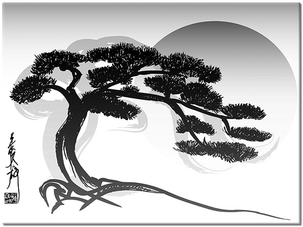 tableau sur toile, abstrait-fantaisie, arbres, autres, blanc, bonsai, dessin, divers, feng-shui-zen, gris, japon, jaune, noir, orange, rouge, soleil