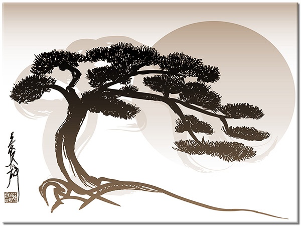 tableau sur toile, abstrait-fantaisie, arbres, autres, blanc, bonsai, dessin, divers, feng-shui-zen, gris, japon, jaune, noir, orange, rouge, soleil