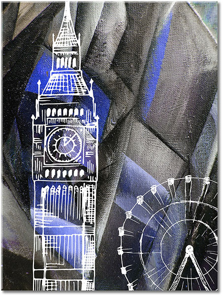 tableau sur toile, abstrait-fantaisie, art, art-contemporain, batiments, big-ben, blanc, dessin, grande-bretagne, gris, jaune, londres, marron, noir, oeil-londres, peintures, peintures-abstraites, vert, villes