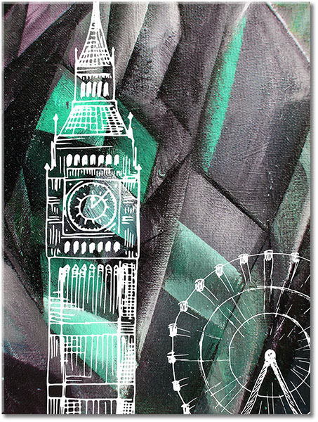 tableau sur toile, abstrait-fantaisie, art, art-contemporain, batiments, big-ben, blanc, dessin, grande-bretagne, gris, jaune, londres, marron, noir, oeil-londres, peintures, peintures-abstraites, vert, villes