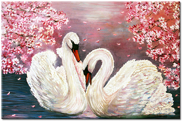 tableau sur toile, animaux, art, blanc, cygnes, nature-morte-autres-peintures, oiseaux, oiseaux-poissons-insectes, peintures, rose, violet