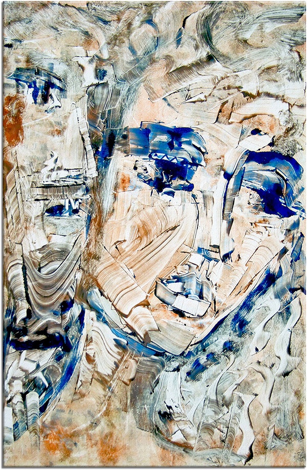 tableau sur toile, abstrait-fantaisie, art, art-contemporain, beige, bleu, couples, gris, marron, orange, peintures, peintures-abstraites, portraits