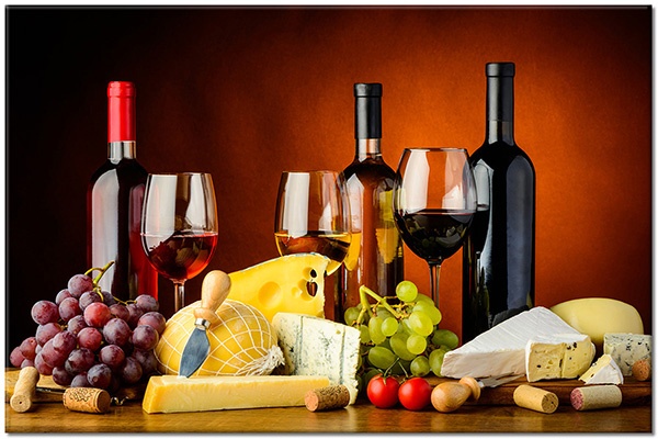 tableau sur toile, aliments-boissons, beige, blanc, cuisine, divers, fromage, fruits, jaune, marron, nature-morte, noir, orange, raisins, rouge, tomates, vert, vin, violet