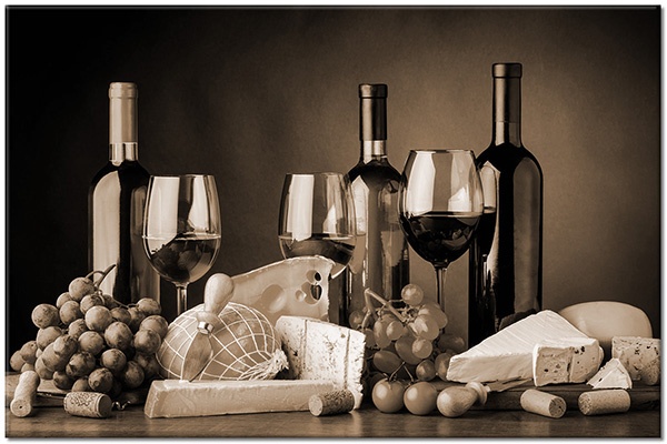 tableau sur toile, aliments-boissons, beige, blanc, cuisine, divers, fromage, fruits, jaune, marron, nature-morte, noir, orange, raisins, rouge, tomates, vert, vin, violet