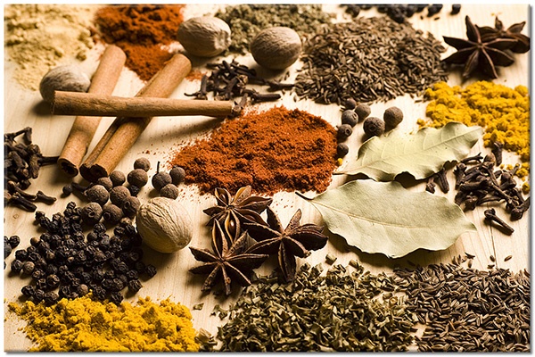 tableau sur toile, aliments-boissons, beige, bois, cuisine, divers, epices, gris, jaune, marron, nature-morte, noir, orange, restaurants
