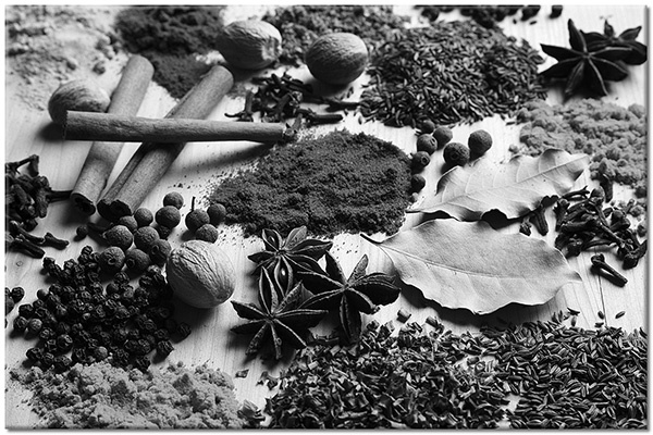 tableau sur toile, aliments-boissons, beige, bois, cuisine, divers, epices, gris, jaune, marron, nature-morte, noir, orange, restaurants