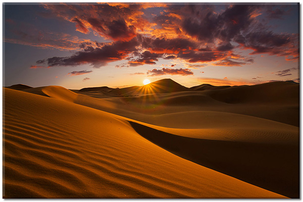 tableau sur toile, autres-paysages, ciel, coucher-soleil, desert, marron, nuages, orange, paysages, sable, soleil