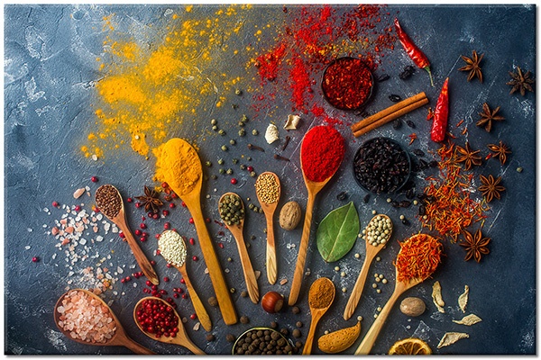 tableau sur toile, aliments-boissons, beige, bleu, cuisine, divers, epices, jaune, marron, multicolore, nature-morte, noir, orange, restaurants, rouge, vert, violet