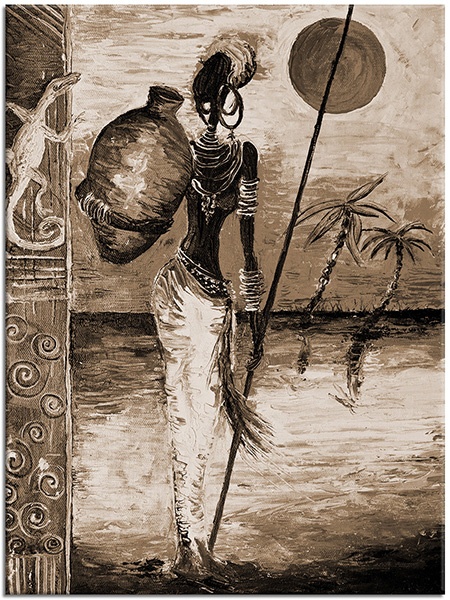 tableau sur toile, afrique, art, beige, blanc, bleu, ethnique, femmes, jaune, marron, noir, orange, peintures, peintures-personnages, rouge, silhouettes