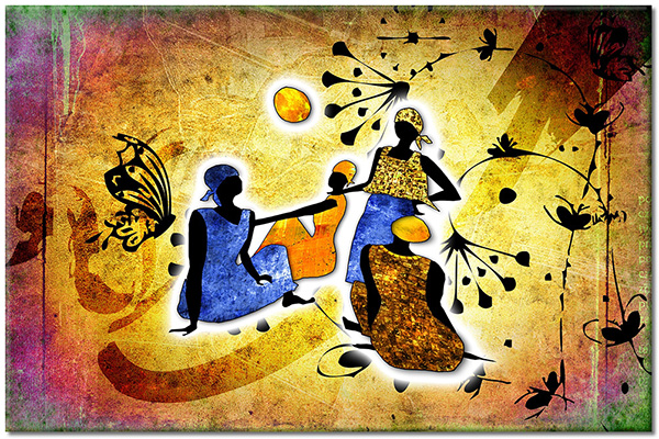 tableau sur toile, afrique, art, bleu, dessin, ethnique, femmes, jaune, marron, noir, orange, peintures, peintures-personnages