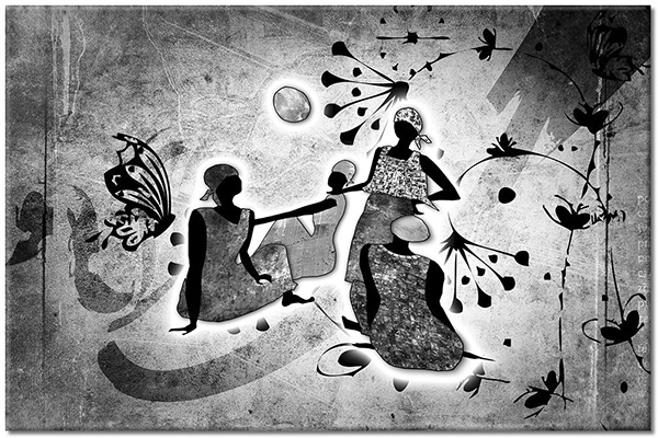 tableau sur toile, afrique, art, bleu, dessin, ethnique, femmes, jaune, marron, noir, orange, peintures, peintures-personnages