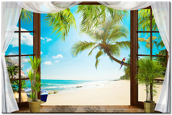 tableau sur toile, arbres, beige, bleu, ciel, marron, mer, mer-cascades-lacs, oiseaux, palmiers, paysages, plage, vert