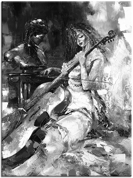 tableau sur toile, art, beige, blanc, bleu, femmes, jaune, multicolore, musique, noir, orange, peintures, peintures-personnages, rouge, statue, violet