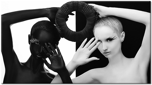 tableau sur toile, blanc, divers, femmes, feng-shui-zen, noir, portraits, yin-yang