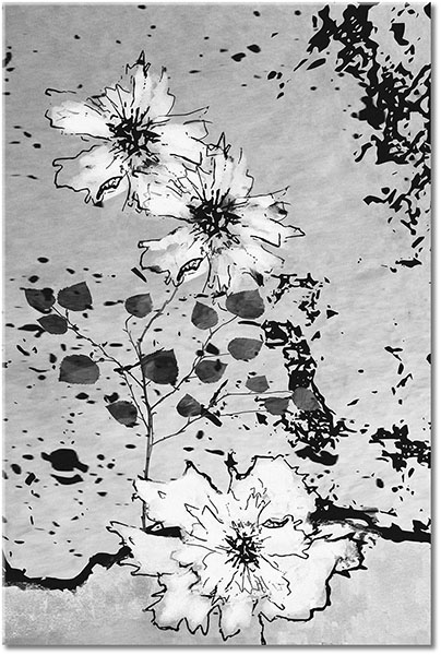 tableau sur toile, art, art-contemporain, beige, blanc, dessin, fleurs, gris, marron, nature-morte-autres-peintures, noir, orange, peintures, sepia