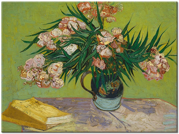 tableau sur toile, art, blanc, bleu, fleurs, jaune, livres, nature-morte, nature-morte-autres-peintures, orange, peintures, van-gogh, vase, vert, violet