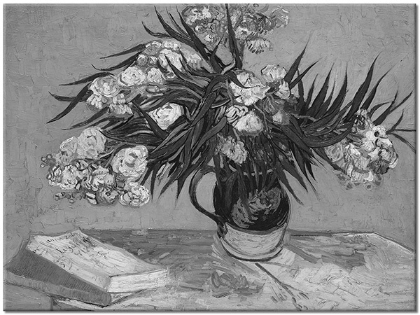 tableau sur toile, art, blanc, bleu, fleurs, jaune, livres, nature-morte, nature-morte-autres-peintures, orange, peintures, van-gogh, vase, vert, violet