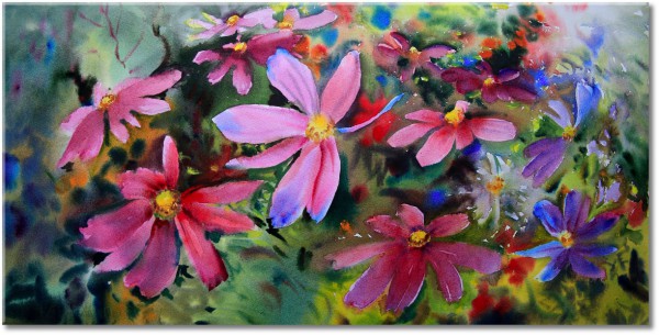 tableau sur toile, bleu, fleurs, gris, multicolore, nature-morte-autres-peintures, orange, peintures, rose, vert, violet