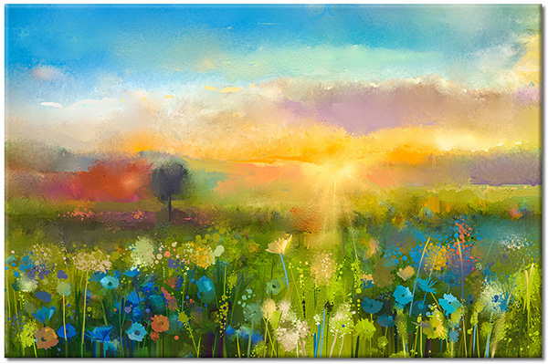 tableau sur toile, art, bleu, champs, ciel, coucher-soleil, cyan, fleurs, jaune, nuages, orange, peintures, peintures-paysages, soleil, vert
