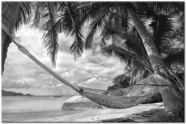 tableau sur toile, arbres, beige, blanc, bleu, ciel, gris, hamac, mer, mer-cascades-lacs, nuages, palmiers, paysages, plage, tourisme, vert