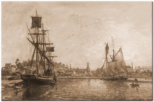 tableau sur toile, art, bateaux-navires, beige, divers, gris, jongkind, marron, mer, mer-cascades-lacs, nature-morte-autres-peintures, paysages, peintures, voitures-trains-navires-avions