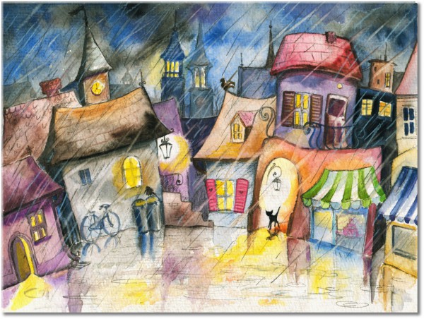 tableau sur toile, aquarelle, art, batiments, beige, bleu, enfants, gris, jaune, marron, multicolore, orange, paysages, paysages-urbains-ruraux, peintures, peintures-paysages, pluie, vert, villes